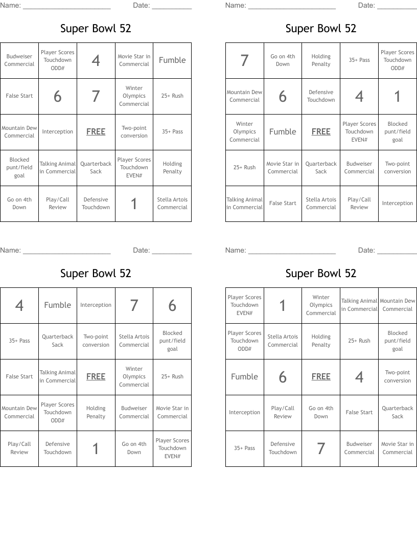 Super Bowl 52 Bingo Cards