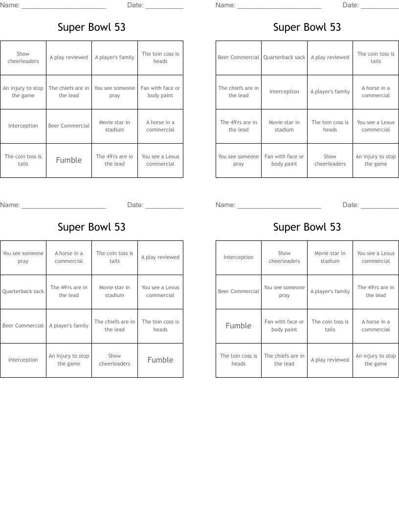 Super Bowl 53 Bingo Cards
