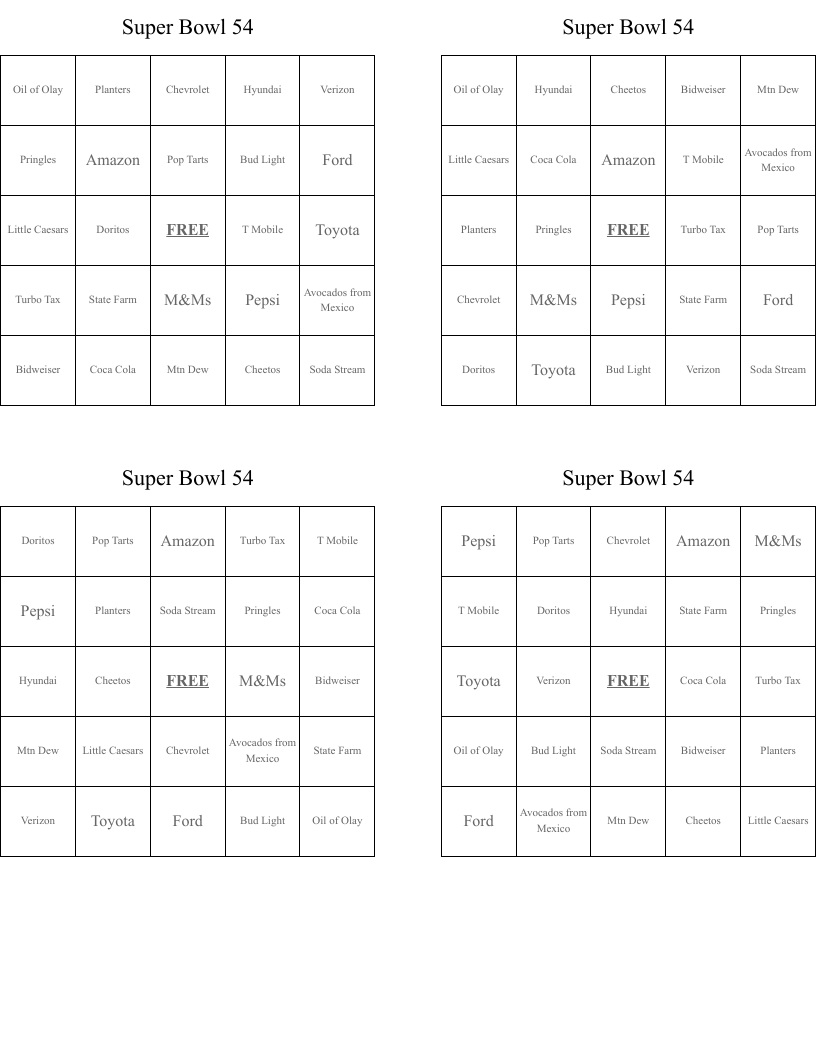Super Bowl 54 Bingo Cards