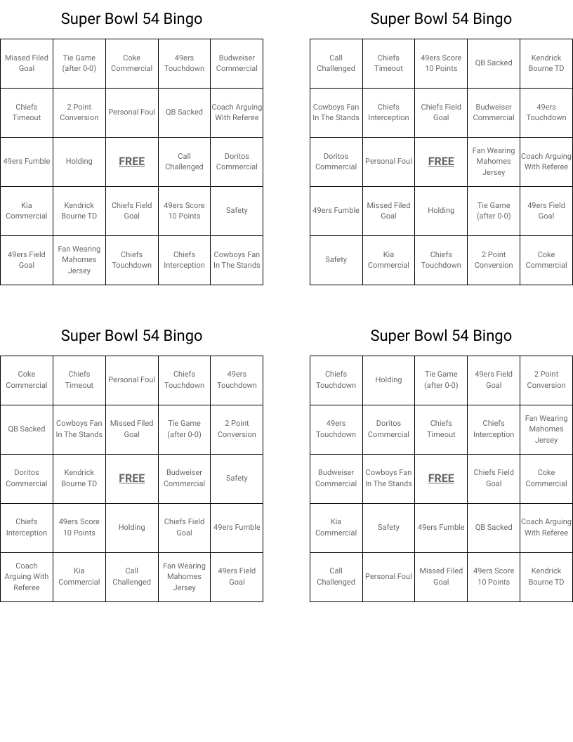 Super Bowl 54 Bingo 