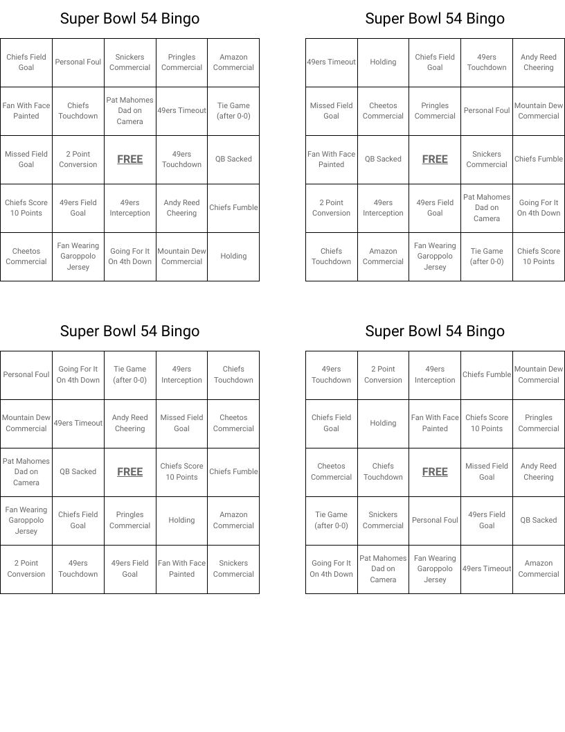Super Bowl 54 Bingo 