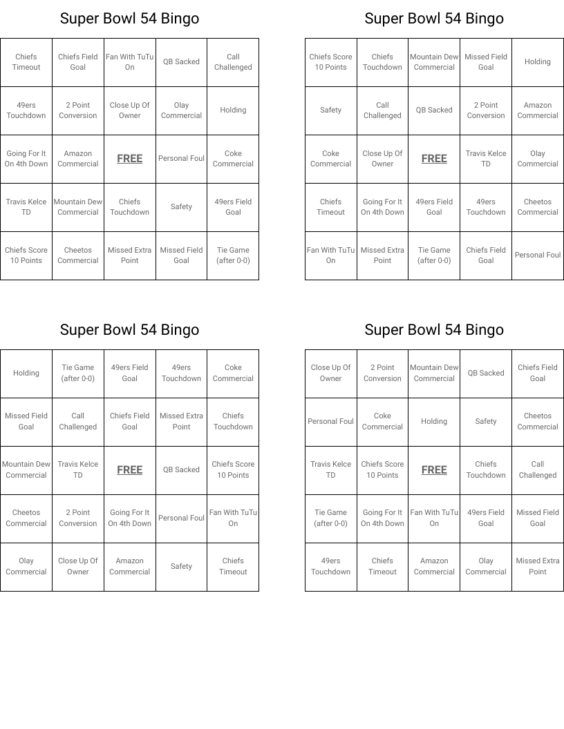 Super Bowl 54 Bingo 