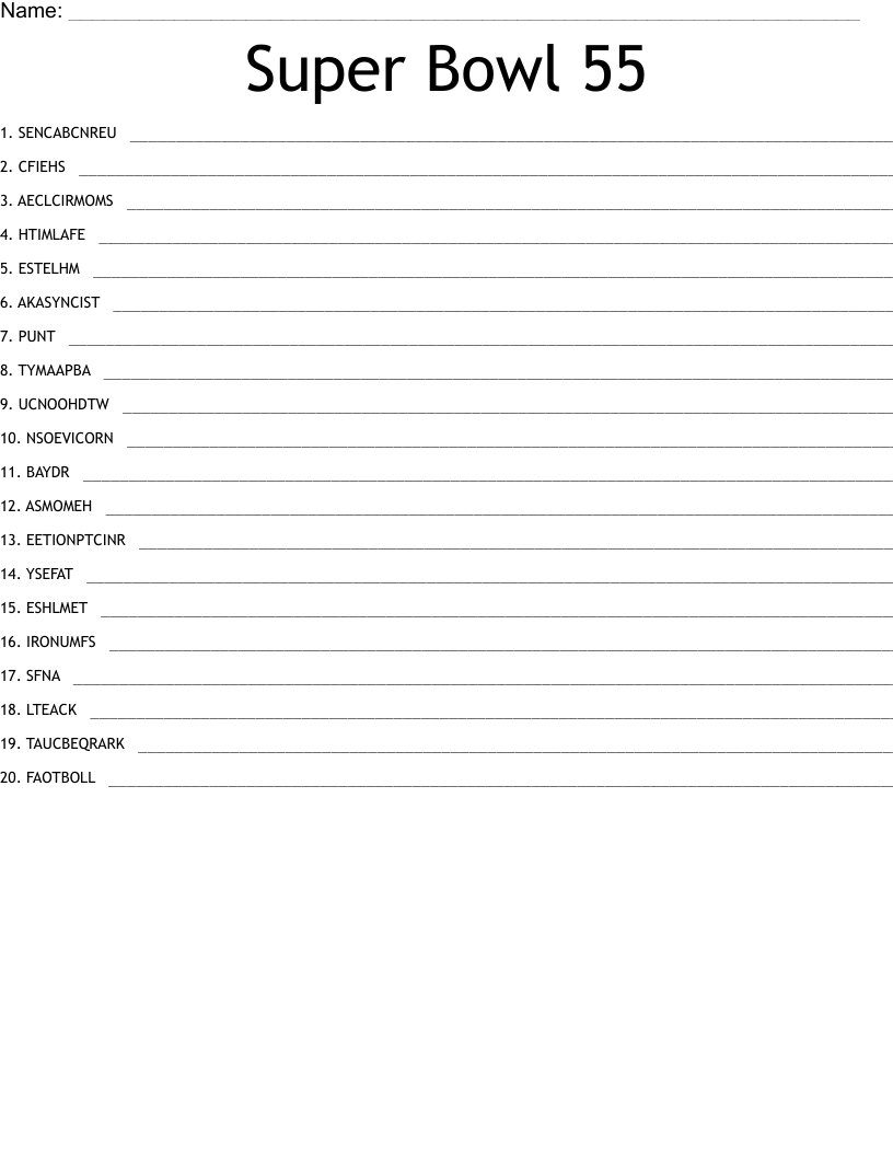 Super Bowl 55 Word Scramble
