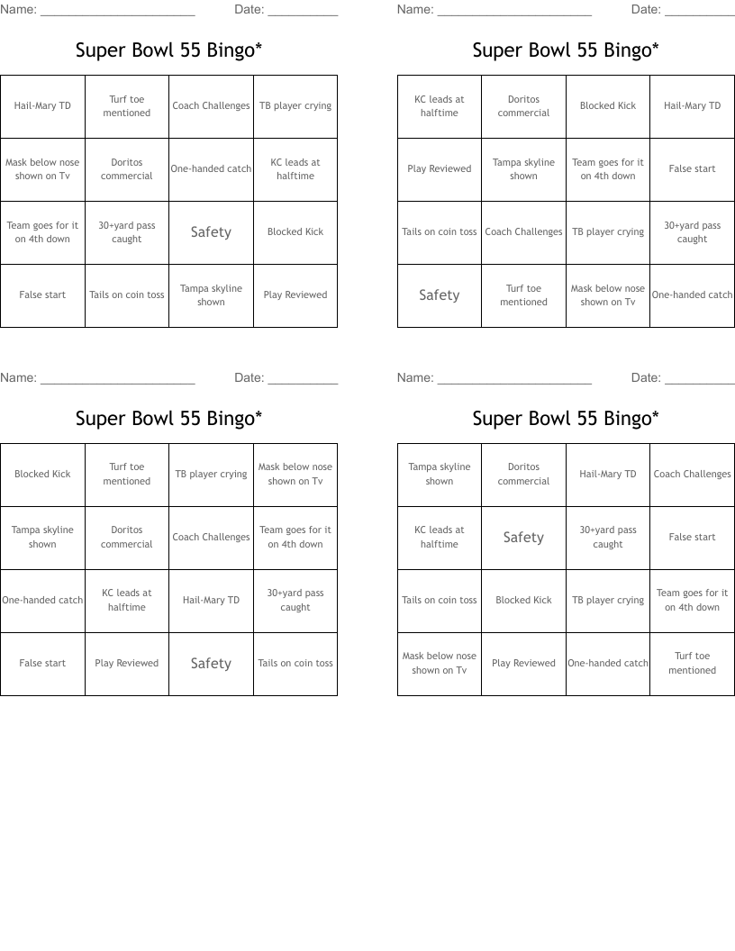 Super Bowl 55 Bingo*