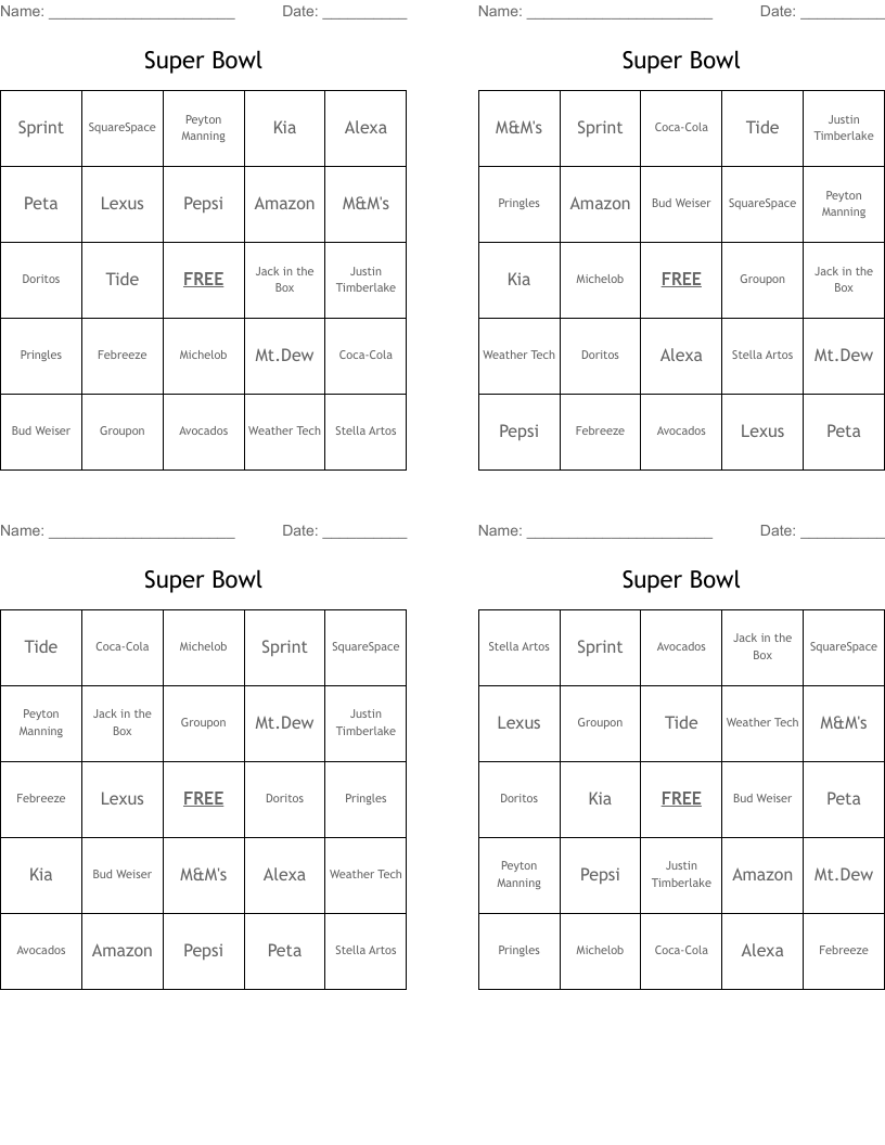 Super Bowl Bingo Cards
