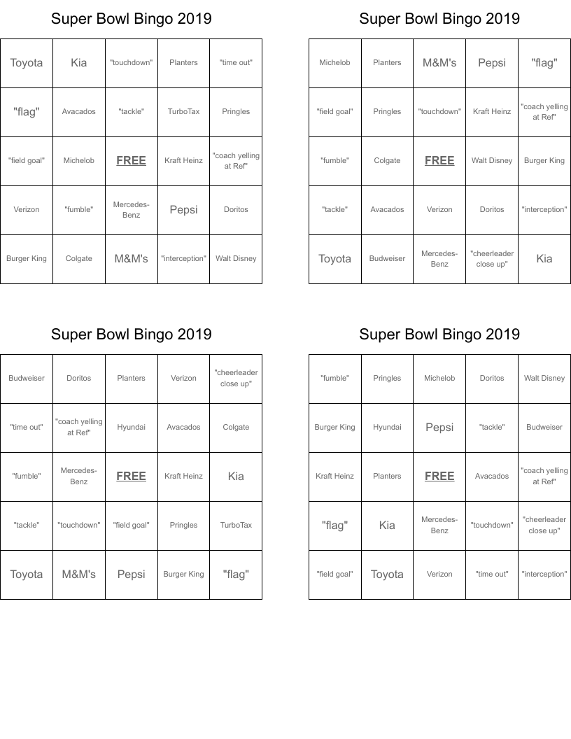 Super Bowl Bingo 2019
