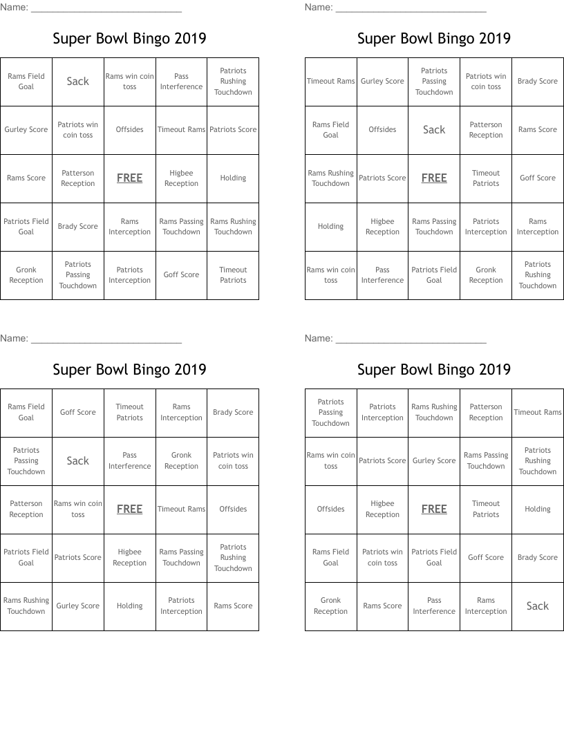 Super Bowl Bingo 2019