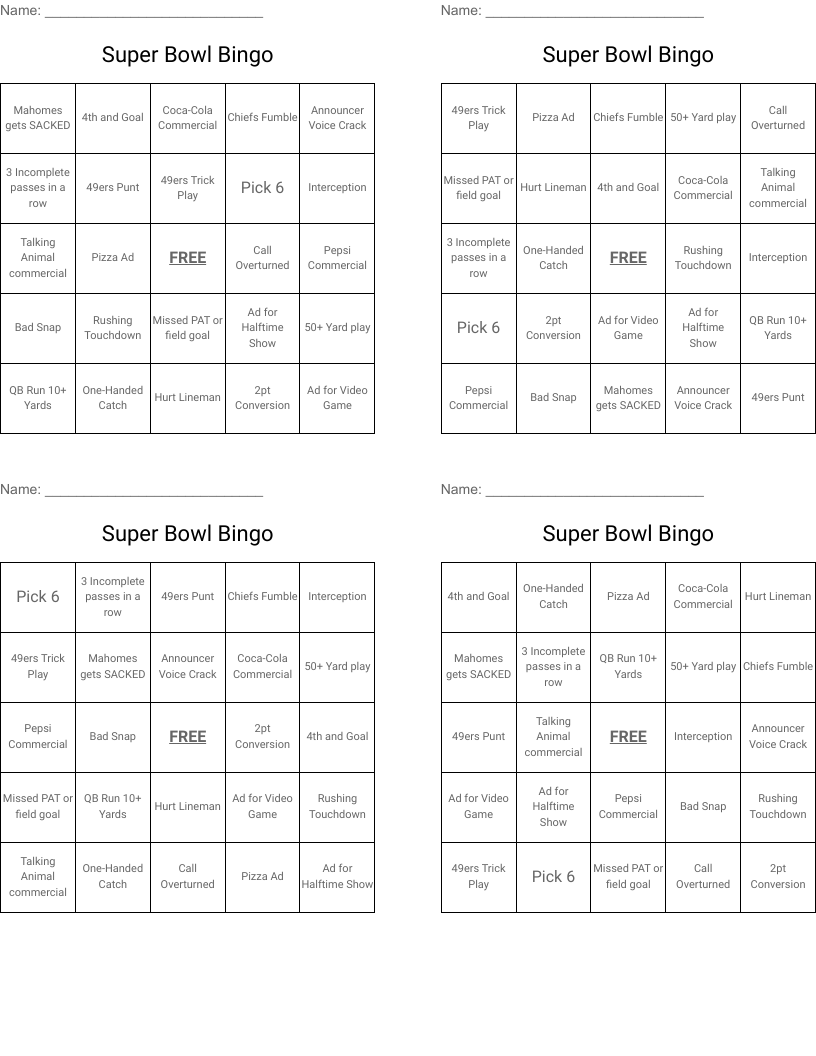 Super Bowl Bingo
