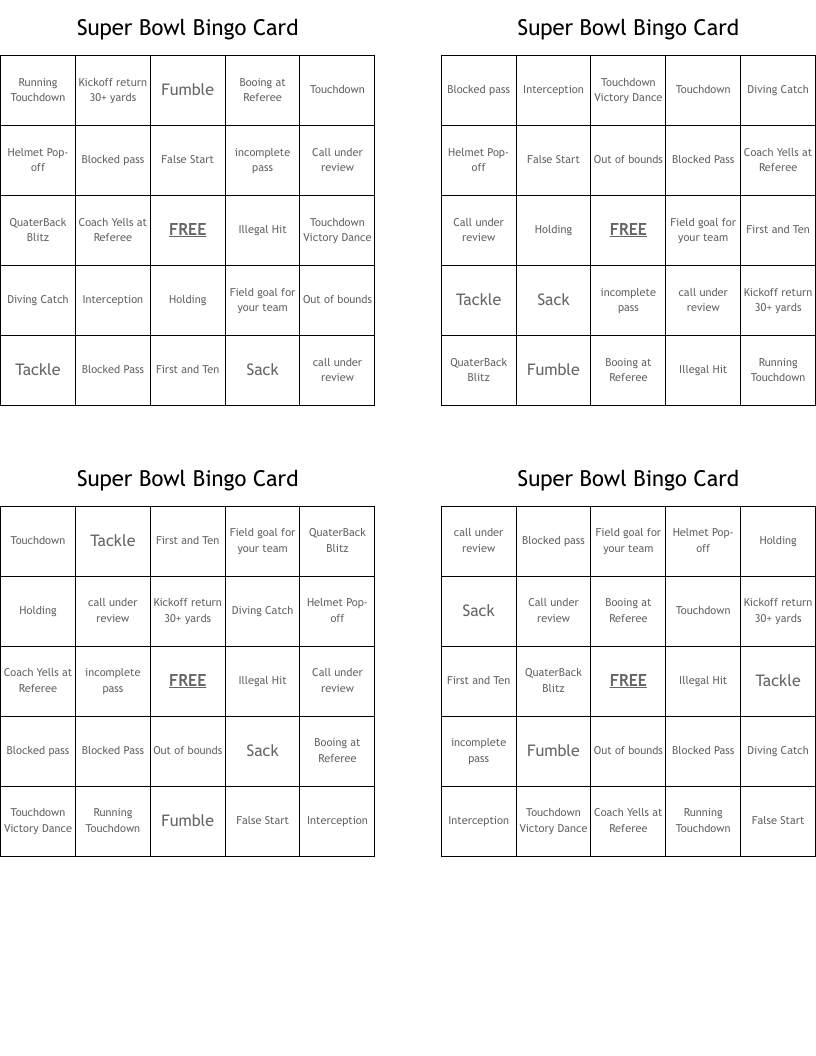 Super Bowl Bingo Card