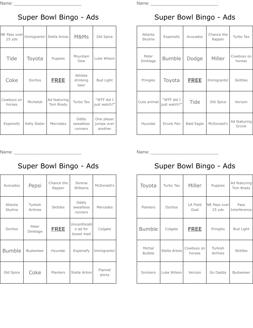 Super Bowl Bingo - Ads