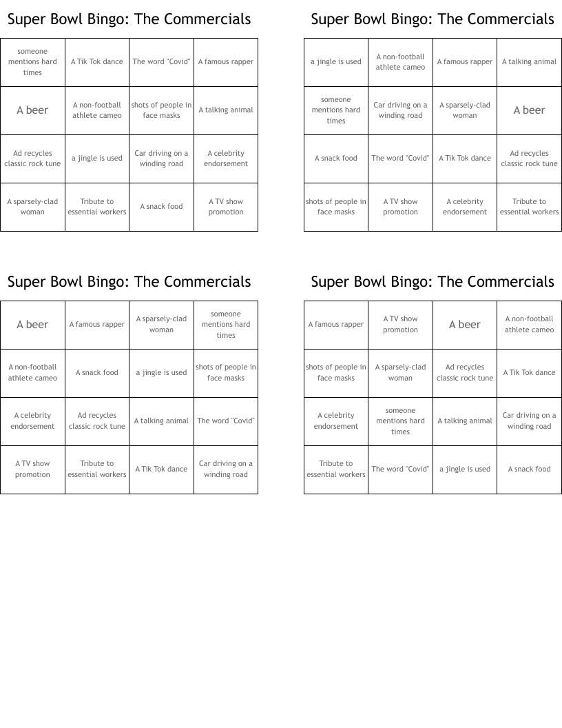 Super Bowl Bingo:  The Commercials