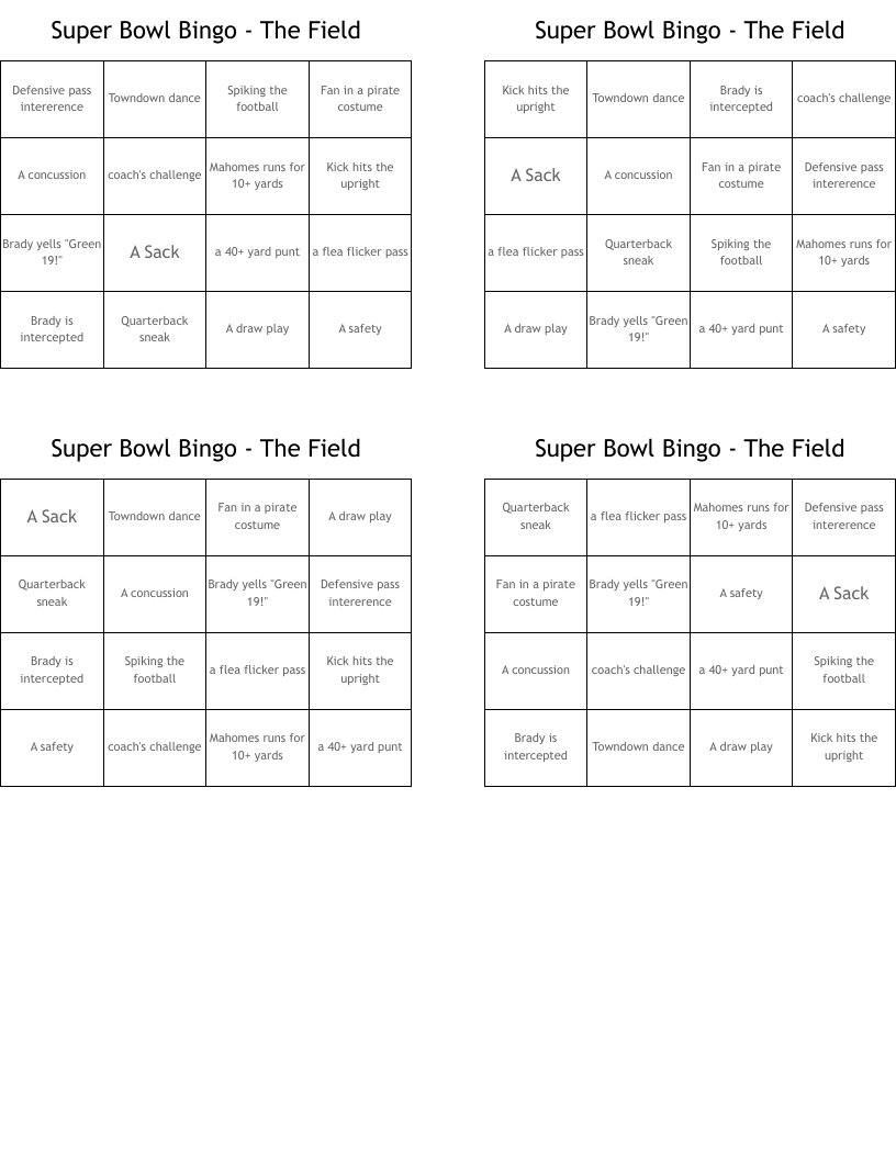 Super Bowl Bingo - The Field
