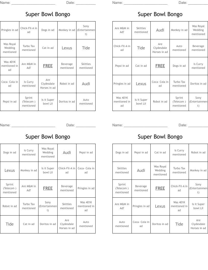 Super Bowl Bongo Bingo Cards