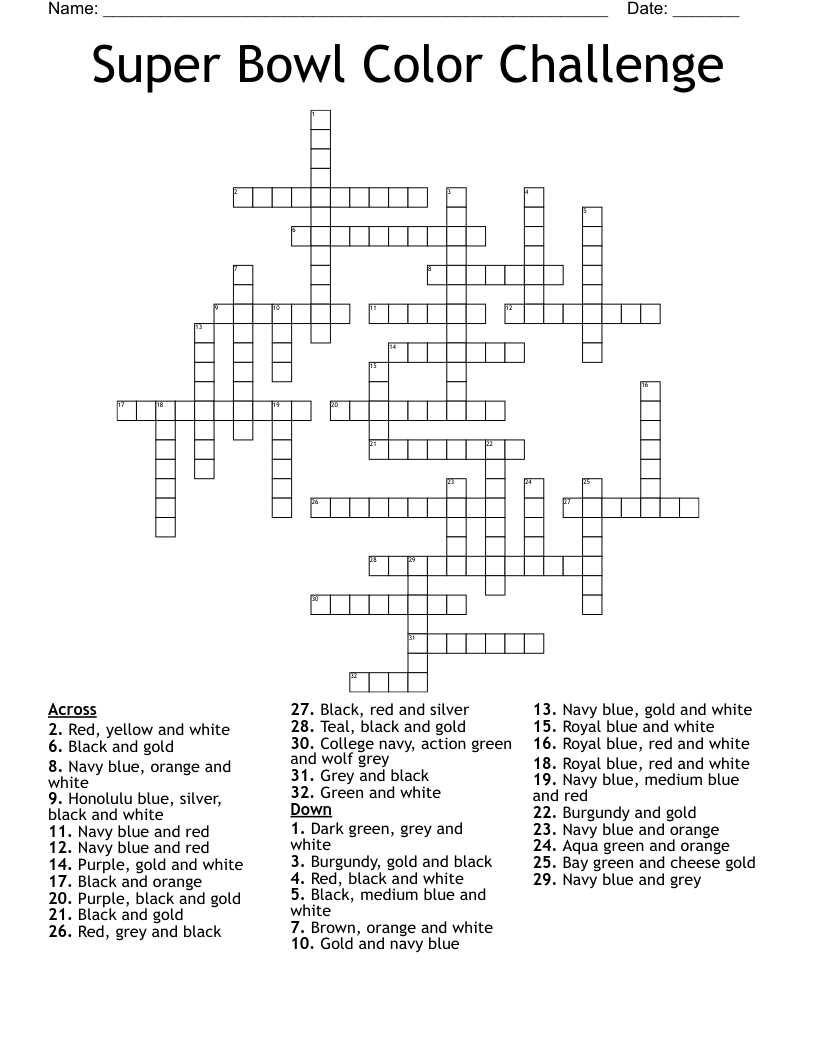 Super Bowl Color Challenge Crossword