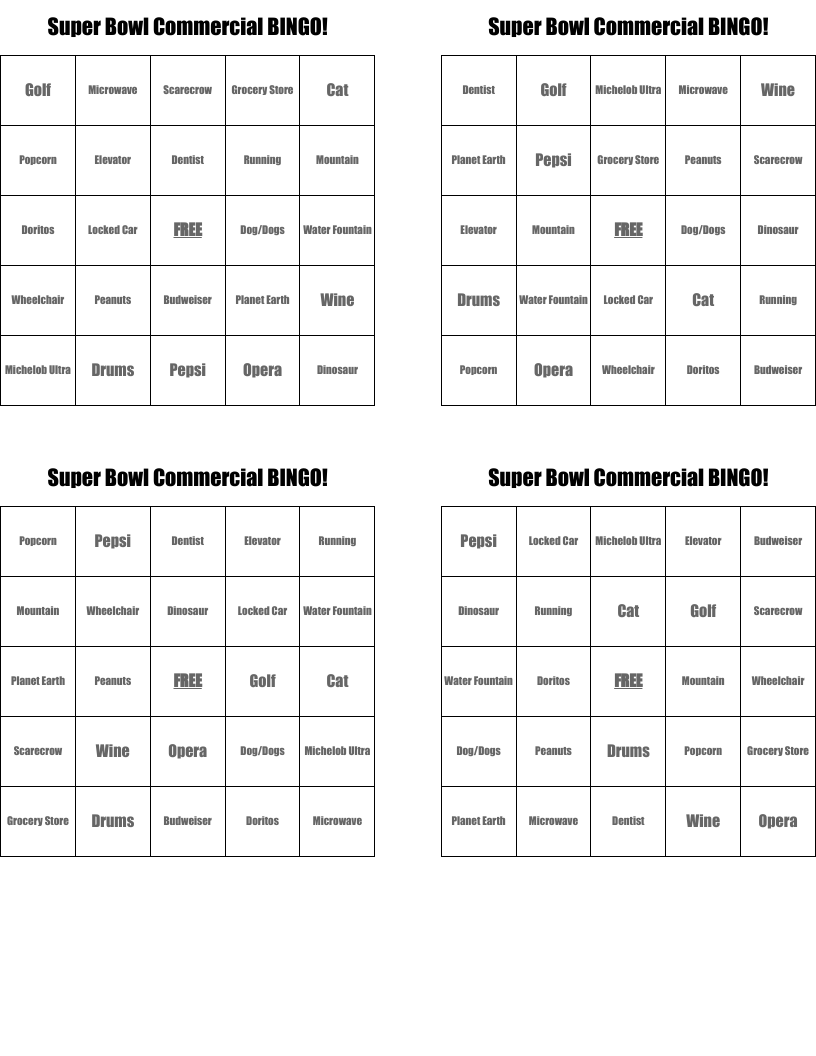Super Bowl Commercial BINGO!