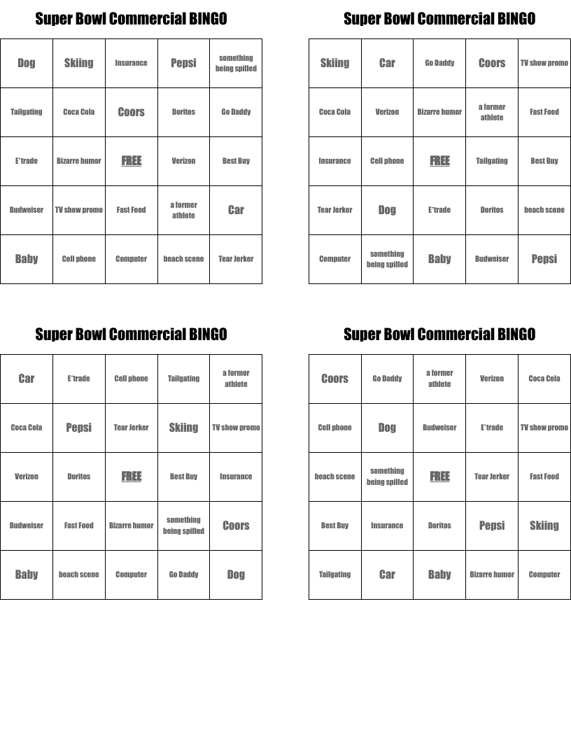 Super Bowl Commercial BINGO