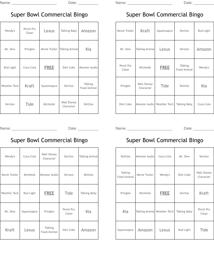 Super Bowl Commercial Bingo