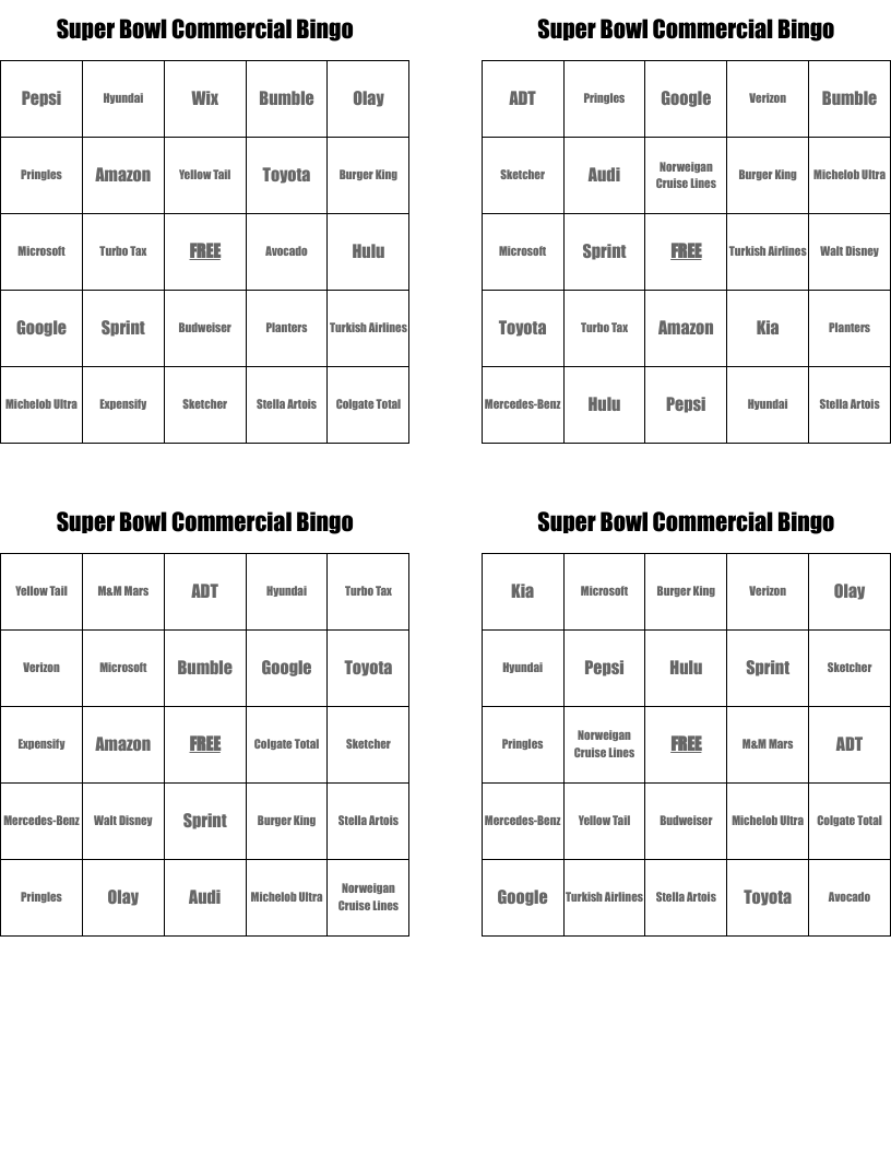Super Bowl Commercial Bingo