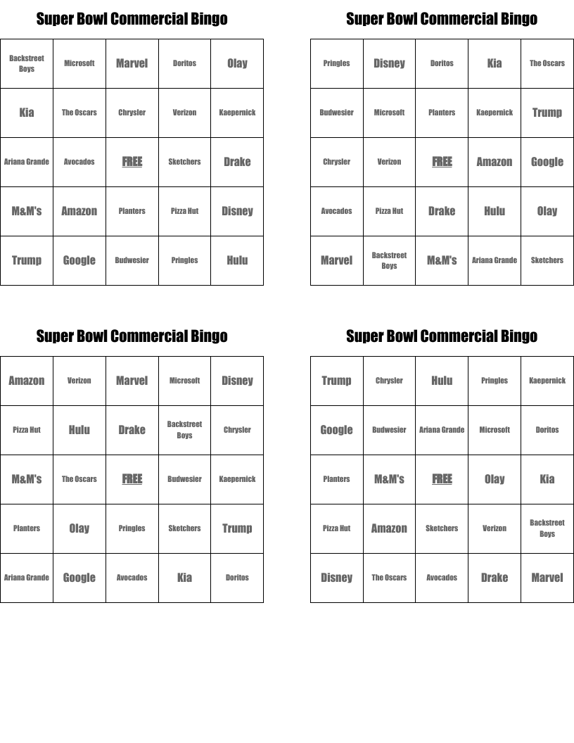 Super Bowl Commercial Bingo