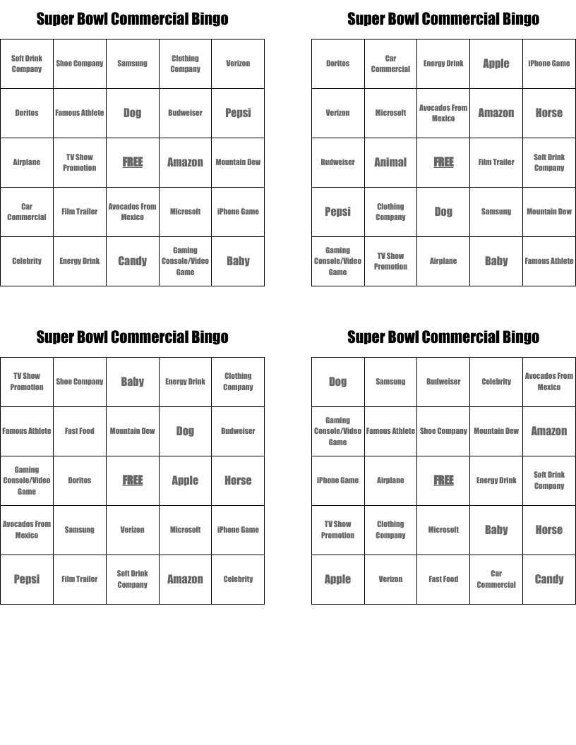 Super Bowl Commercial Bingo