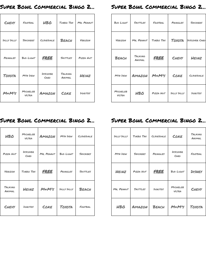 Super Bowl Commercial Bingo 2020 *49ers VS Chiefs*