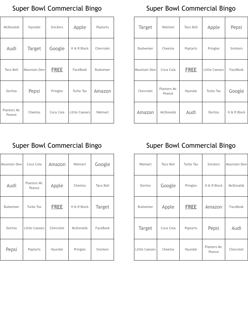Super Bowl Commercial Bingo
