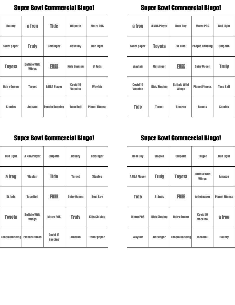 Super Bowl Commercial Bingo!
