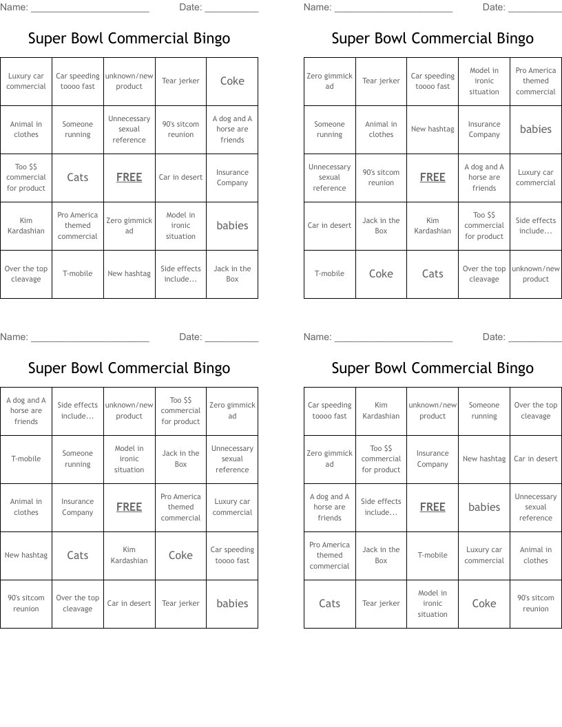 Super Bowl Commercial Bingo