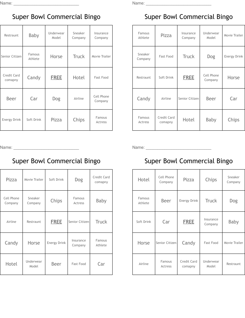 Super Bowl Commercial Bingo