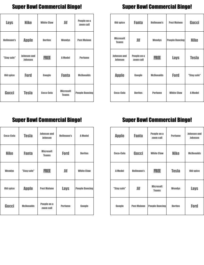 Super Bowl Commercial Bingo! 