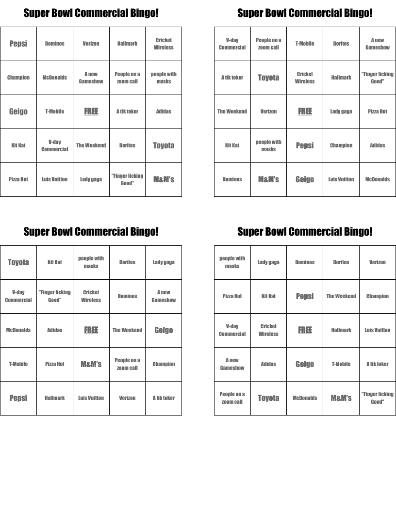 Super Bowl Commercial Bingo! 