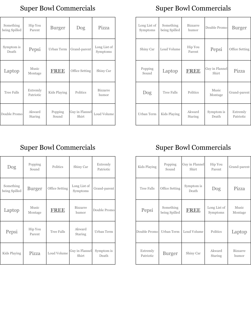 Super Bowl Commercials Bingo Cards