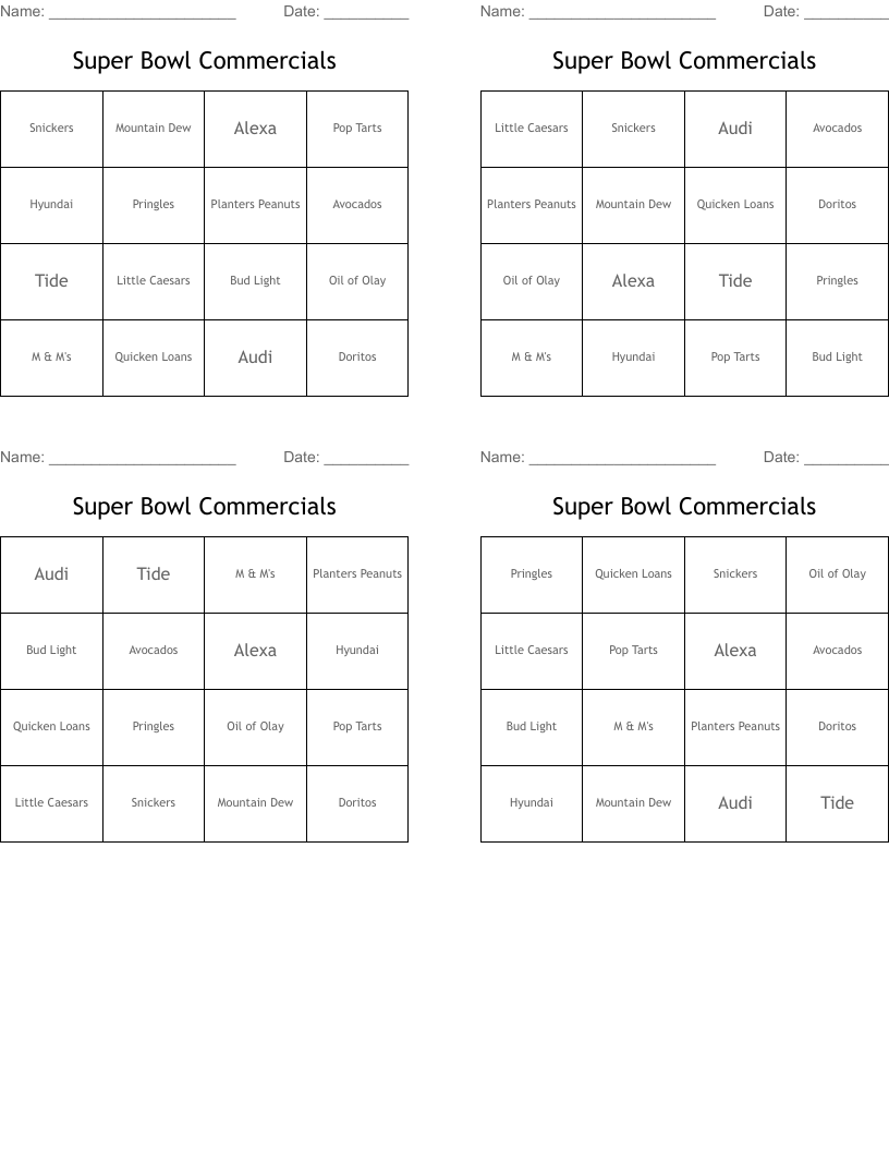 Super Bowl Commercials Bingo Cards