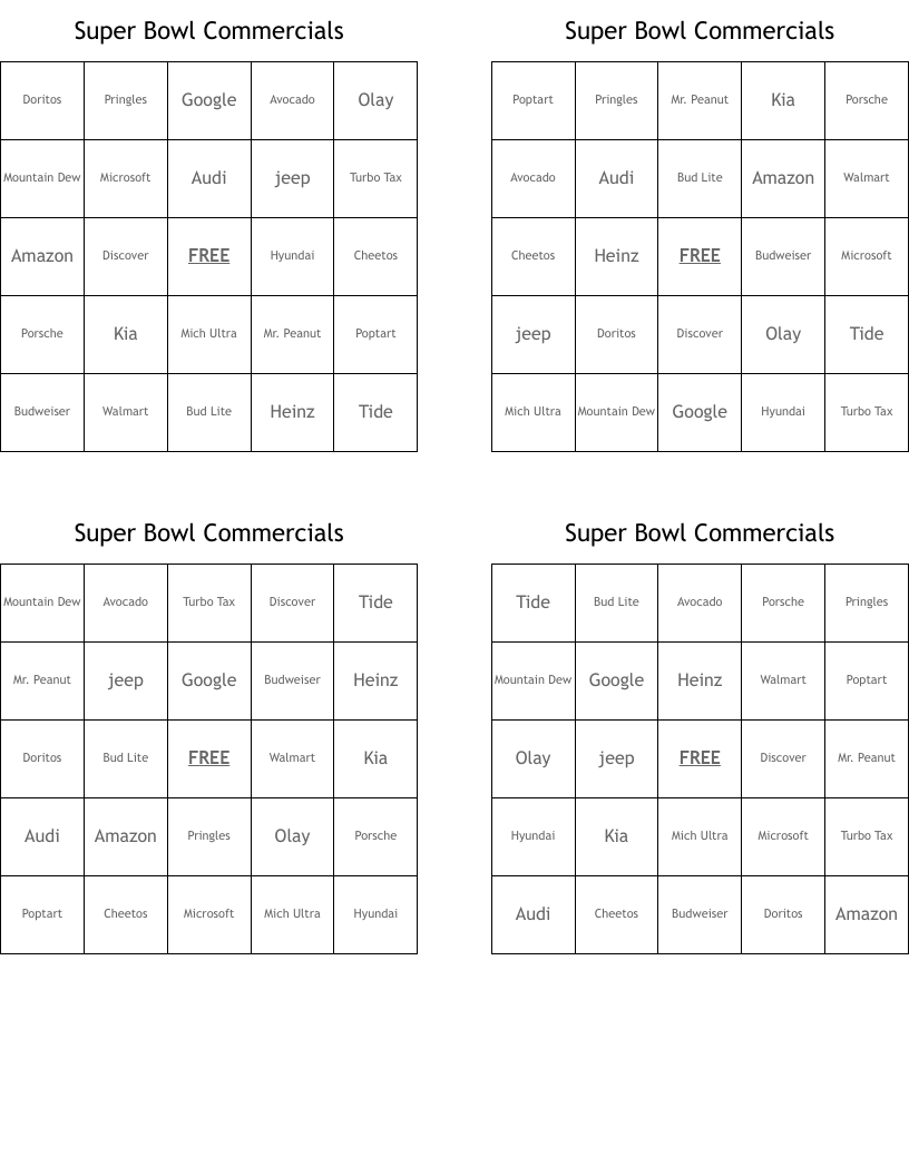 Super Bowl Commercials Bingo Cards