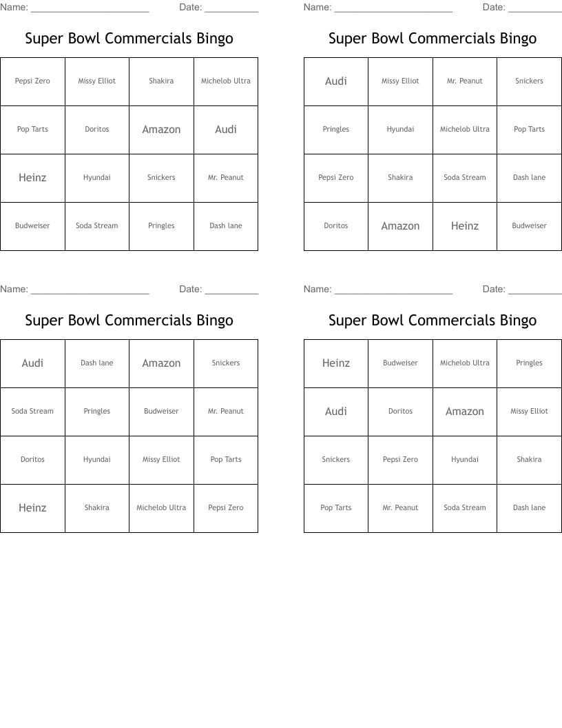 Super Bowl Commercials Bingo