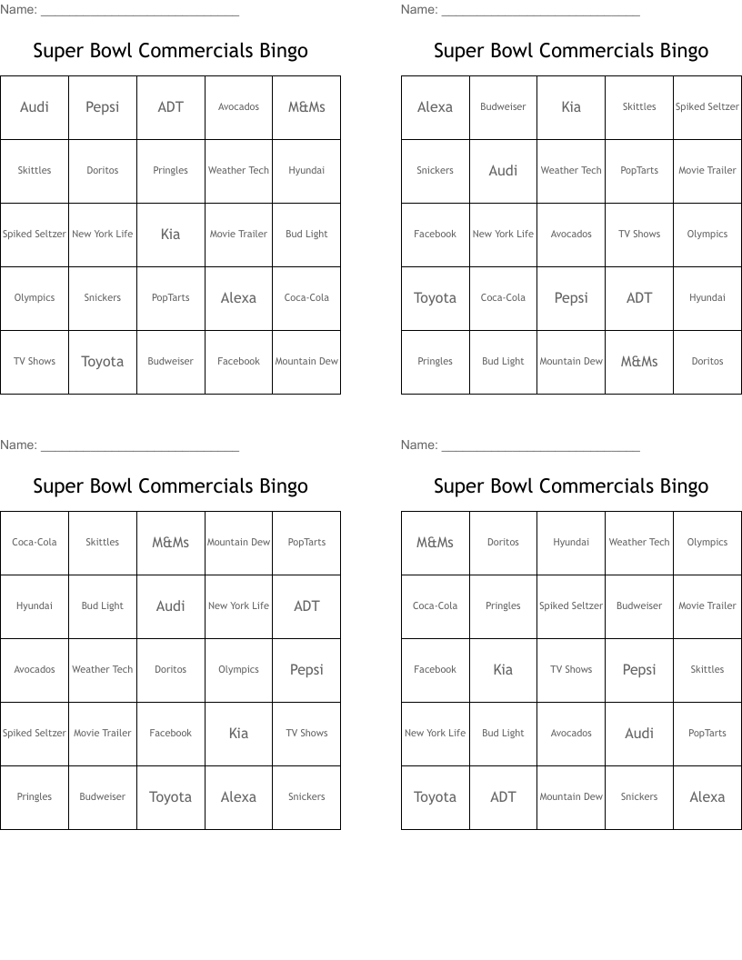 Super Bowl Commercials Bingo