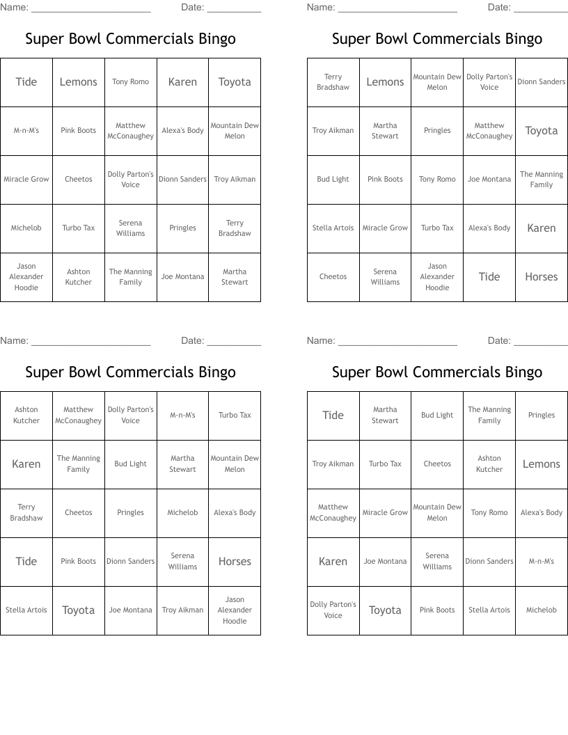 Super Bowl Commercials Bingo