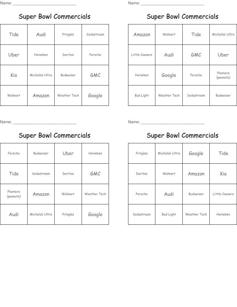 Super Bowl Commercials  Bingo Cards