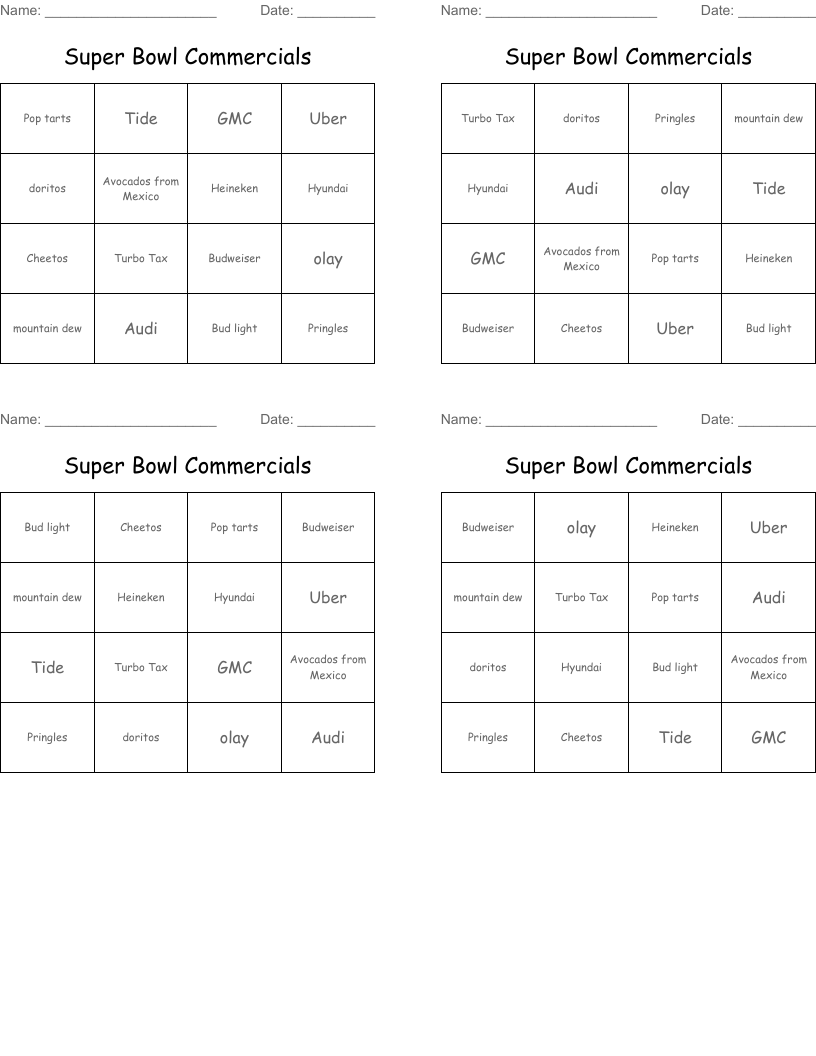 Super Bowl Commercials  Bingo Cards
