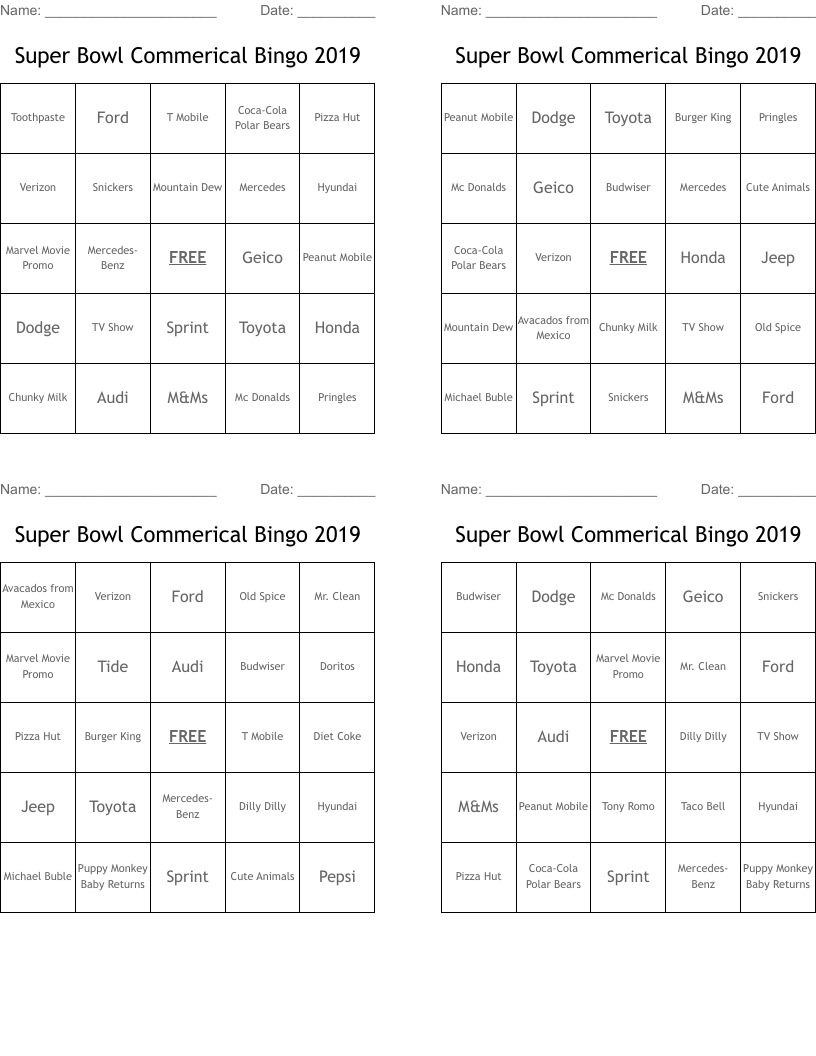 Super Bowl Commerical Bingo 2019