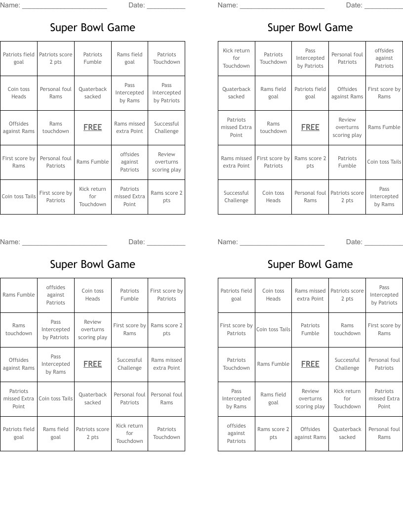 Super Bowl Game Bingo Cards