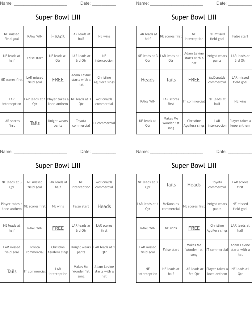 Super Bowl LIII Bingo Cards