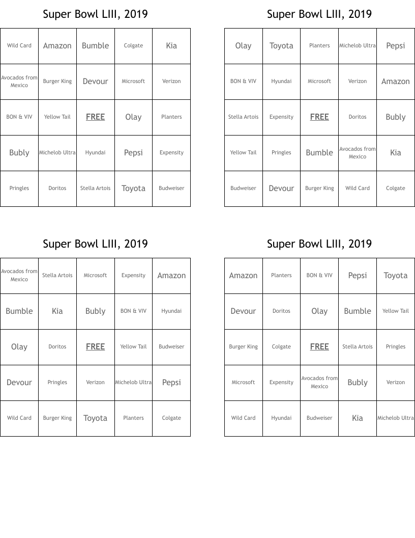 Super Bowl LIII, 2019 Bingo Cards