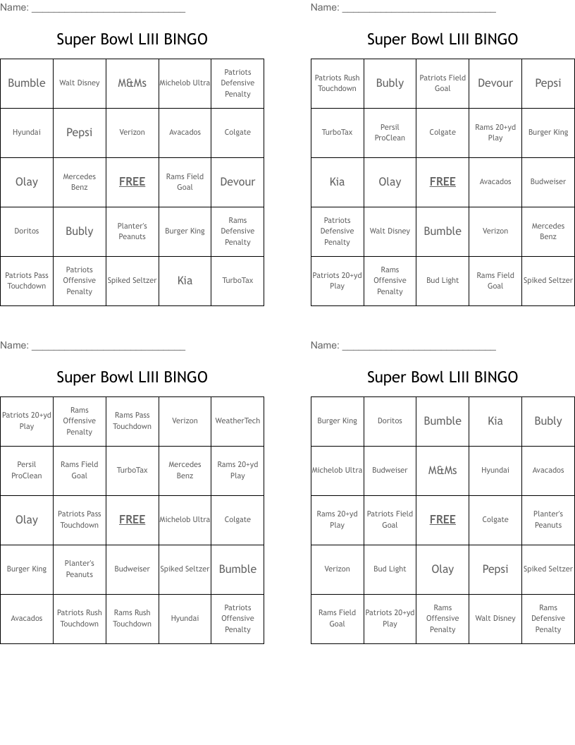 Super Bowl LIII BINGO