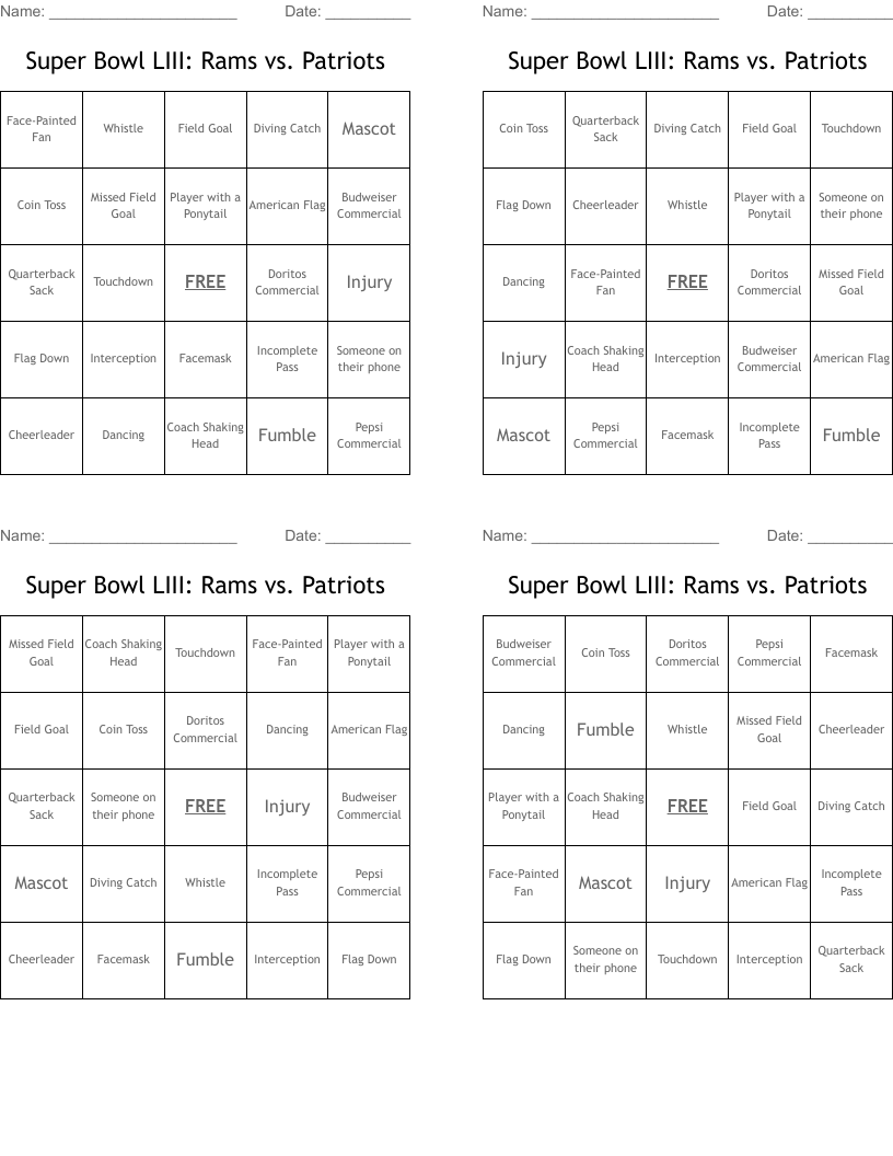 Super Bowl LIII: Rams vs. Patriots Bingo Cards