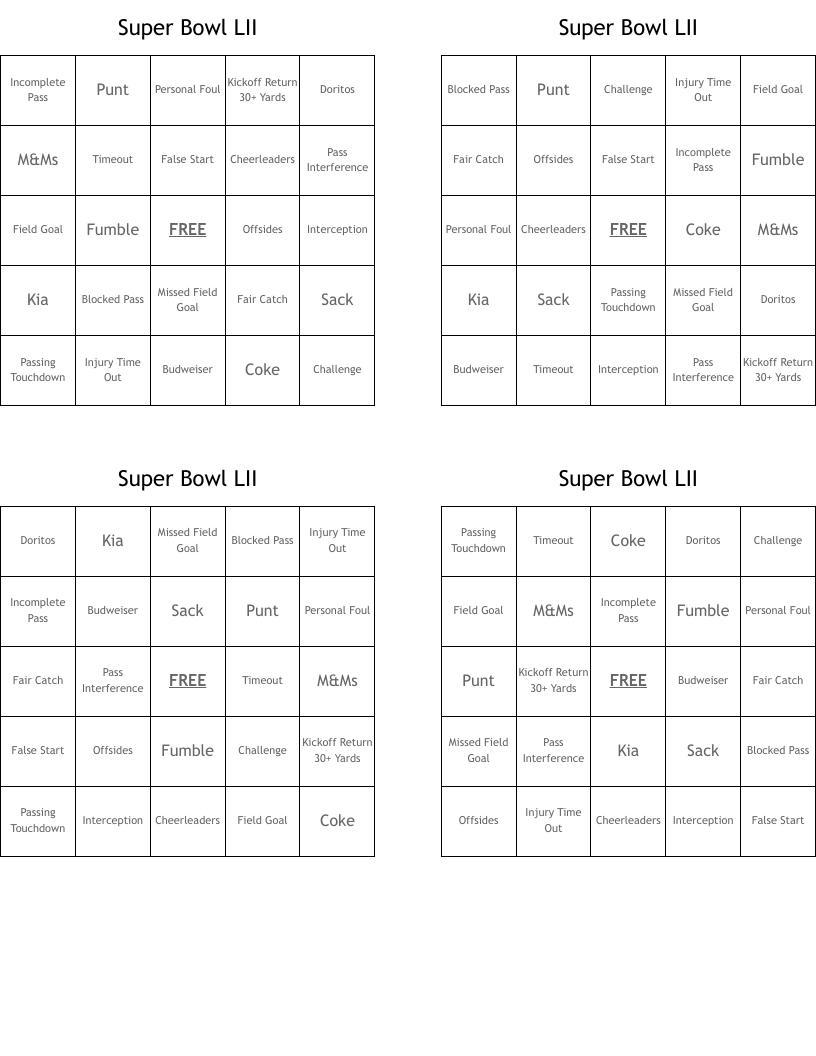 Super Bowl LII Bingo Cards