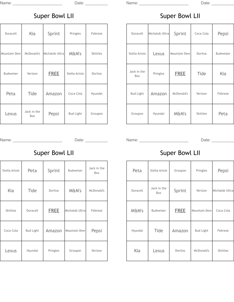Super Bowl LII Bingo Cards