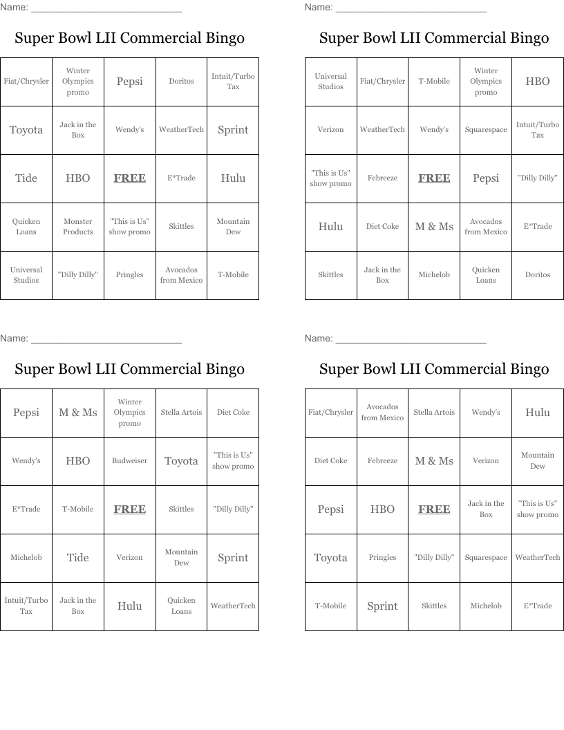 Super Bowl LII Commercial Bingo