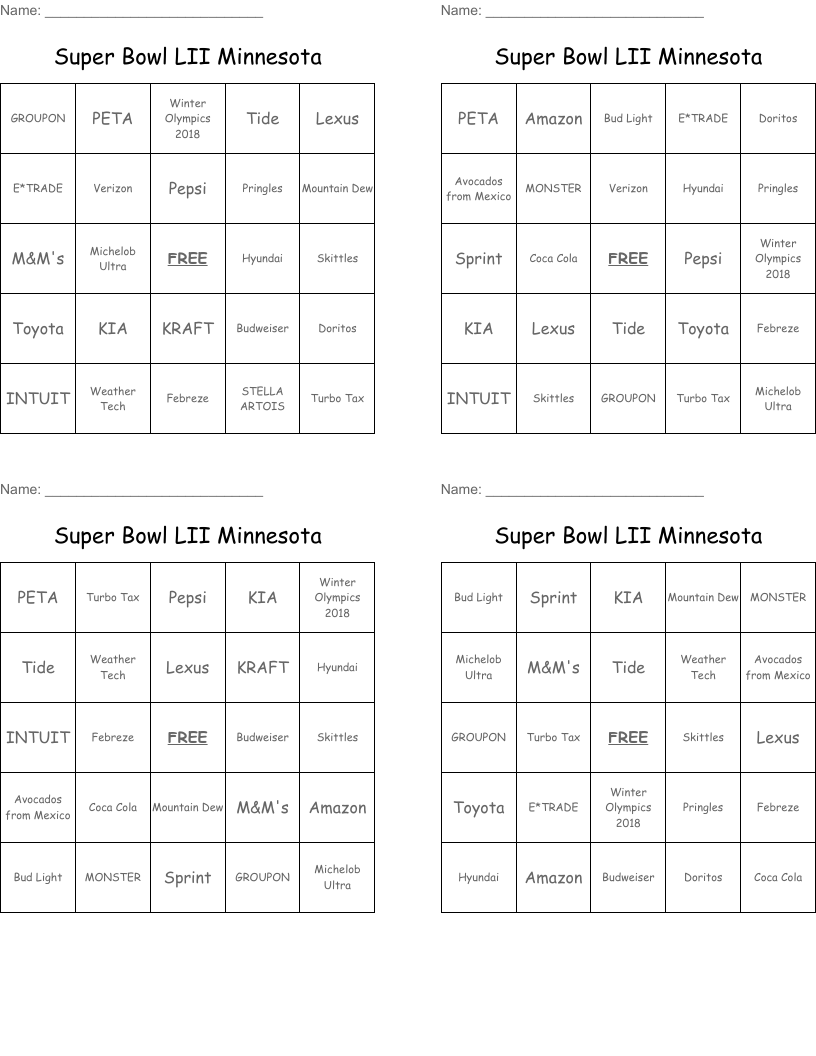 Super Bowl LII Minnesota Bingo Cards