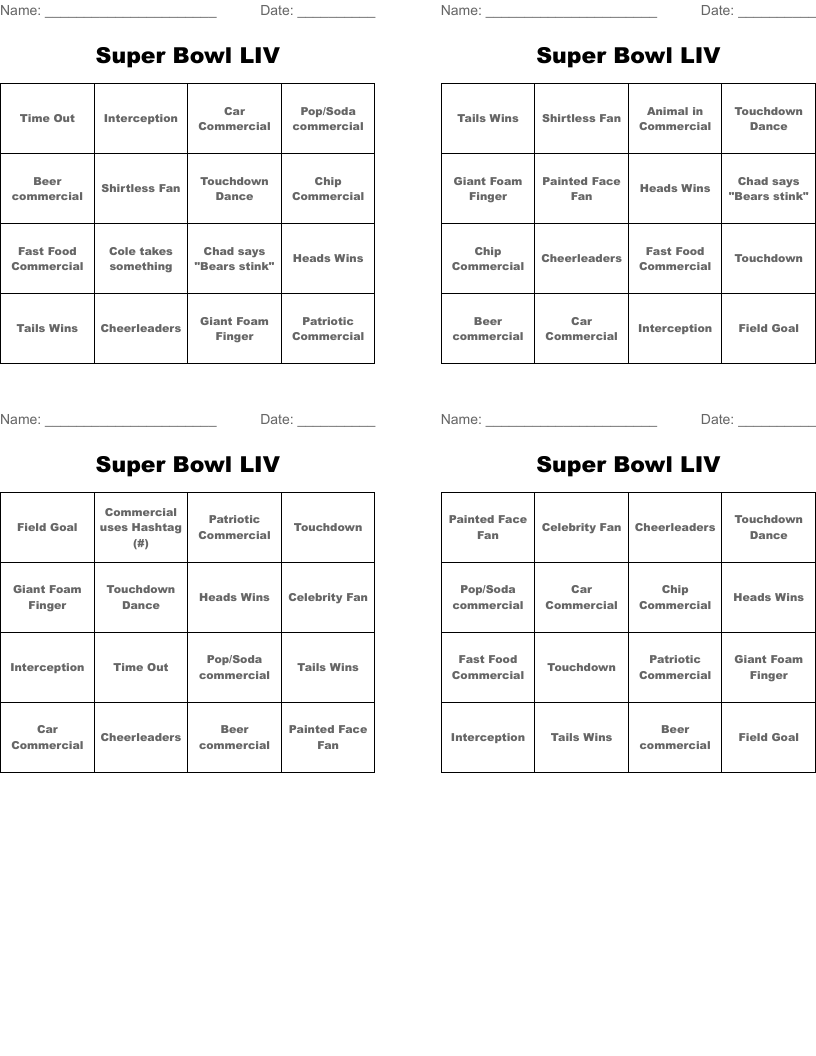 Super Bowl LIV Bingo Cards